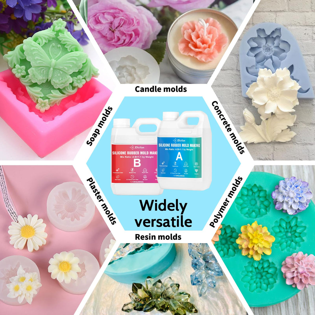 JDiction Silicone Mold Making Kit, 5lb(80oz) Super Elastic Liquid Silicone for Molds Making, Fast Cure Soft Mold Making Silicone Rubber for Casting Resin Molds/Silicone Molds/Candle/Soap Molds JDiction