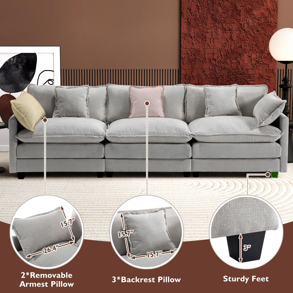 Ihanherry 111.4 Inch 3-Seater Cloud Sofa, Modular Sectional Couch, Modern Deep Seat Sofa for Living Room, Comfy Double Layer Upholstered Seat Cushion, Breathable Chenille Fabric, Grey Ihanherry