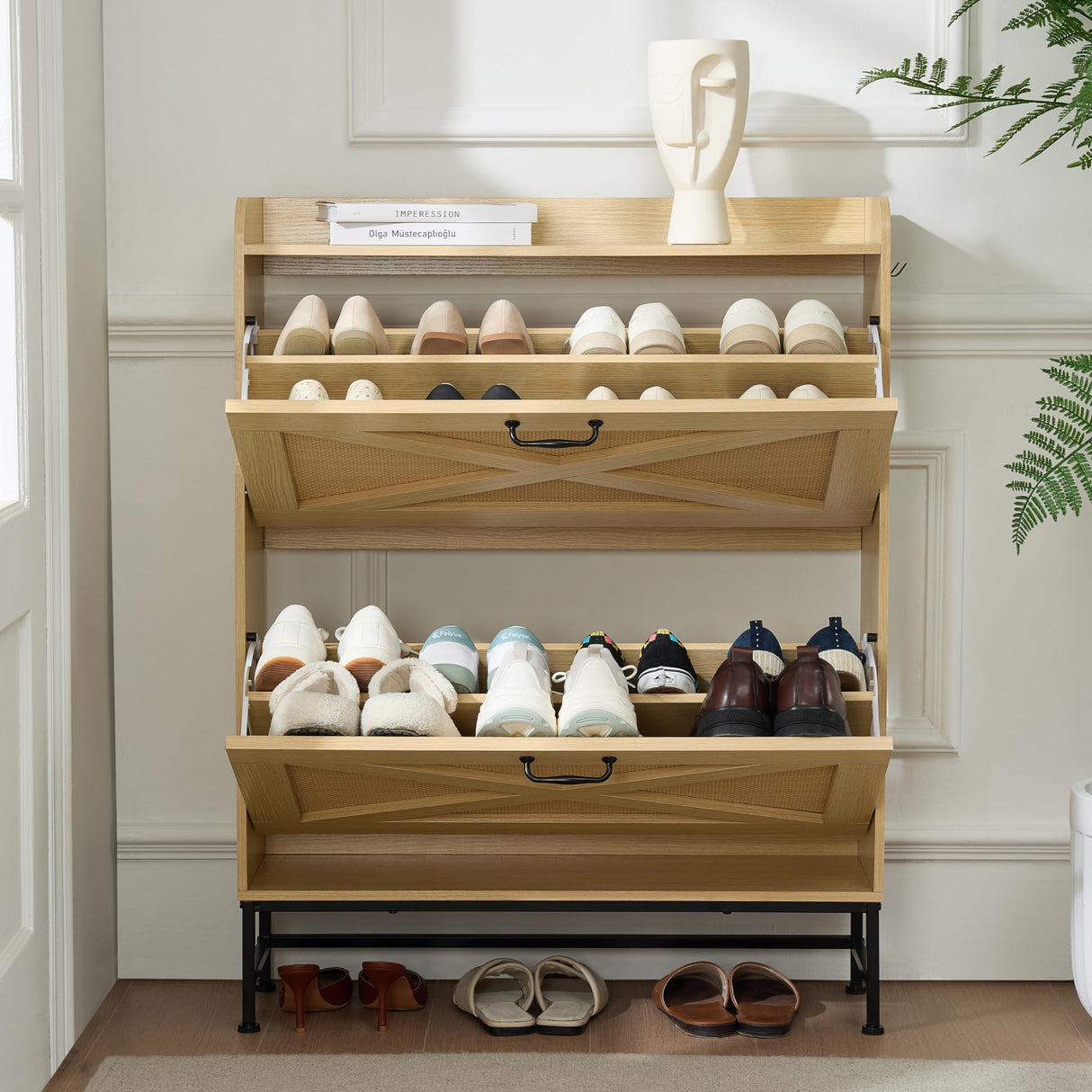 Chilihom Narrow Rattan Shoe Cabinet Storage for Entryway, Shoe Organizer with 2 Flip Drawers, Hidden Shoe Storage Slim Storage Cabinet Metal Legs, Farmhouse Free Standing Shoe Rack Cabinet, Natural Chilihom