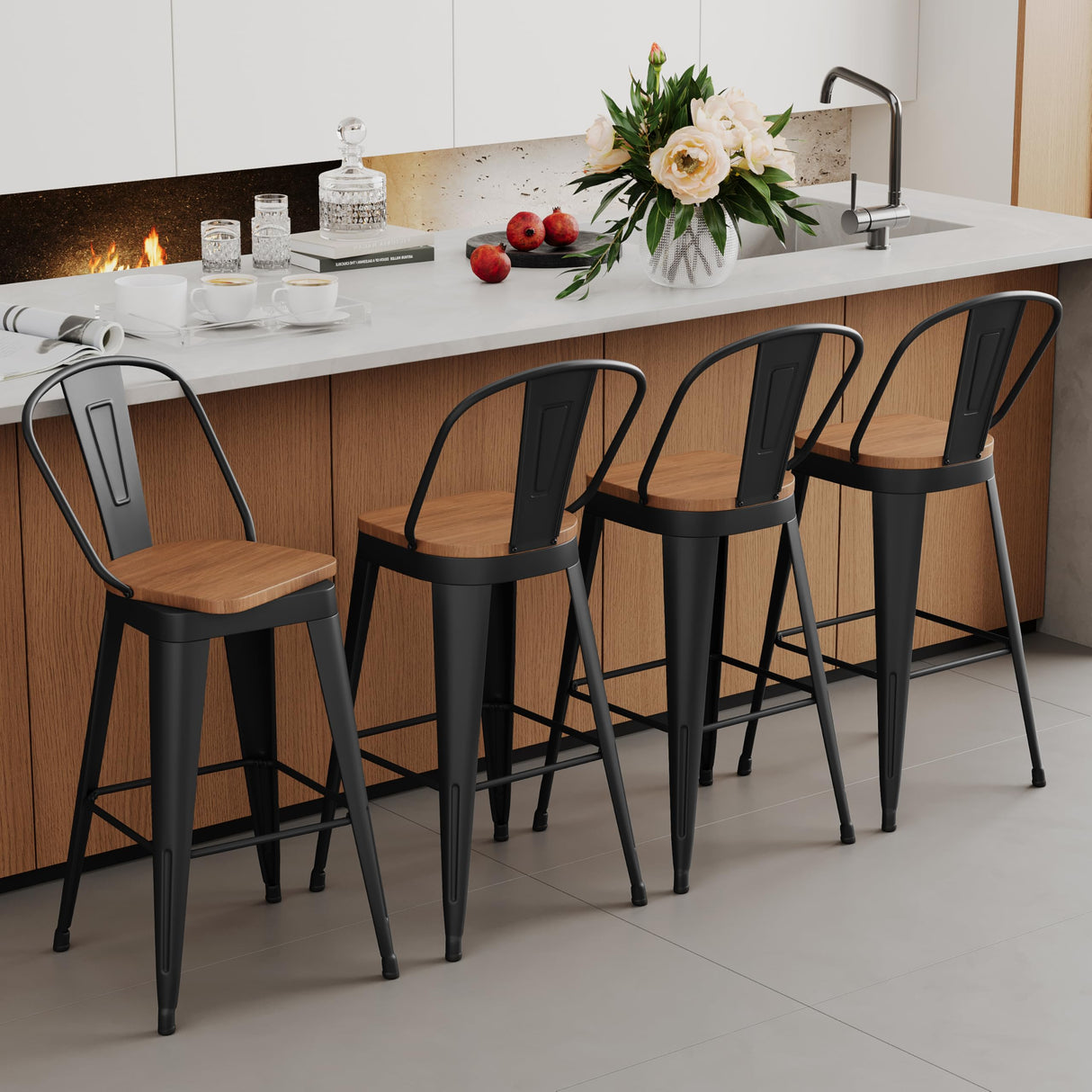 Aklaus Swivel Metal Bar Stools 24 inch Swivel Counter Height Barstools Set of 2 Modern Farmhouse Bar Chairs with High Backs and Large Wooden Seat for Kitchen Island Dining Room Matte Black Aklaus