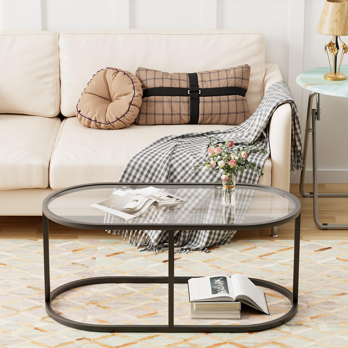 Wolawu Coffee Table Black Glass Coffee Tables for Living Room, Oval Table Center Table with Sturdy Metal Frame,Modern Tempered Glass Accent Tables for Bedroom Home Office Wolawu