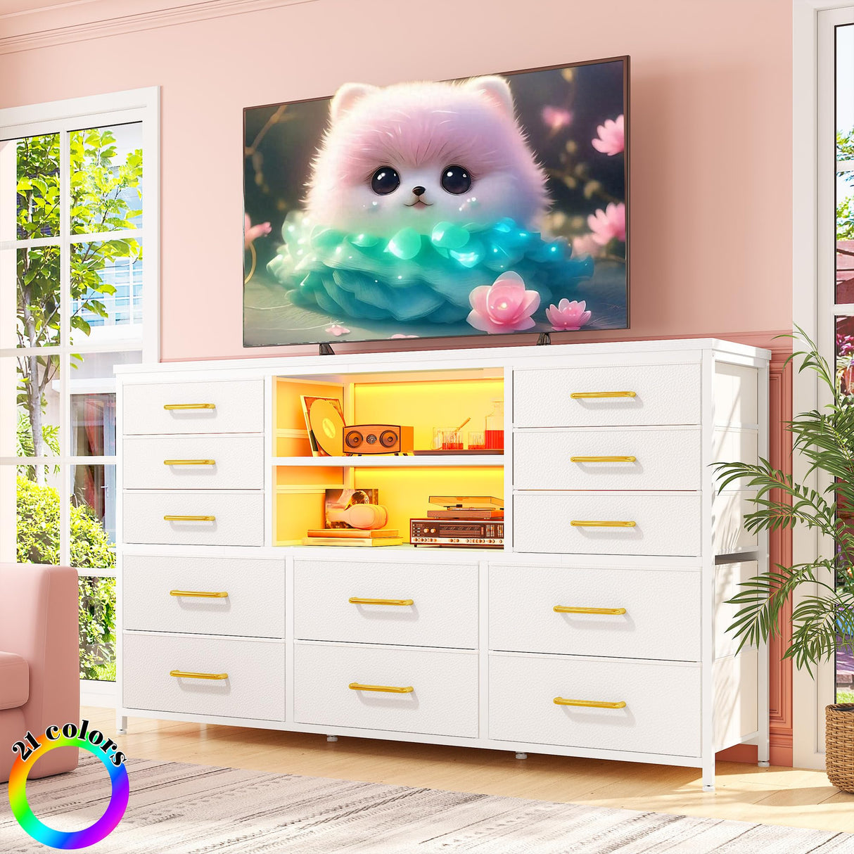 EnHomee White Dresser for Bedroom with 12 Drawers, Fabric Bedroom Dresser with LED Lights & Power Outlets Long Dressers & Chest of Drawers, Sturdy Dresser for Closet, Living Room, Hallway EnHomee