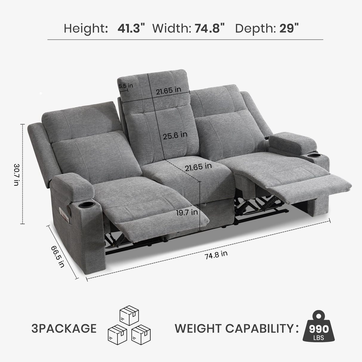 75'' Manual Reclining Sofa with Storage Drawer, 3 Seat Wall Hugger Recliner Couch with Cup Holders, Side Pockets, Chenille Fabric, Compact 3-Person Recliner for RV, Living Room, Apartment (Grey) LURVIA