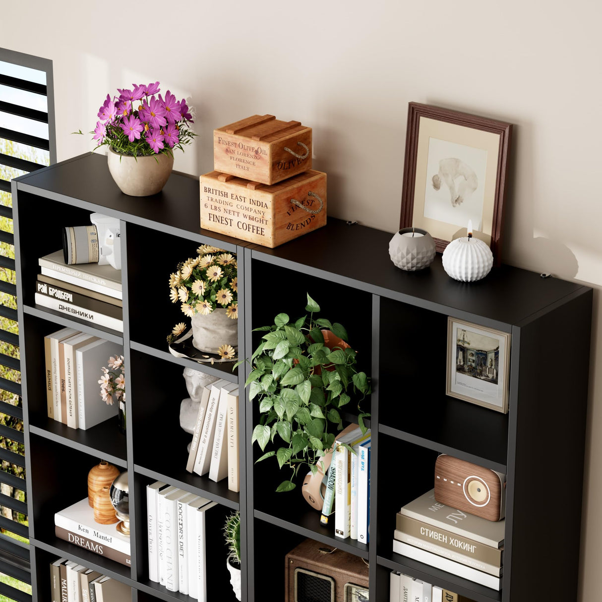 FOTOSOK 71'' Tall Bookshelf, Double Wide Media Tower Rack CD DVD Rack Display Cabinet with Adjustable Shelves, Tall Narrow Bookcase Black Bookshelf for Home Office, Black FOTOSOK