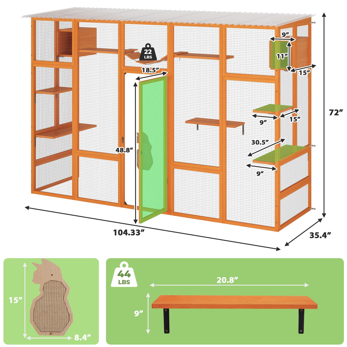 COZIWOW Catio Outdoor Cat Enclosure Window Catios for Indoor Cats Outside Patio Wooden Cattery with Large Door, Walks, Waterproof Roof, Resting Box, 104" L Extra Wide, Orange COZIWOW