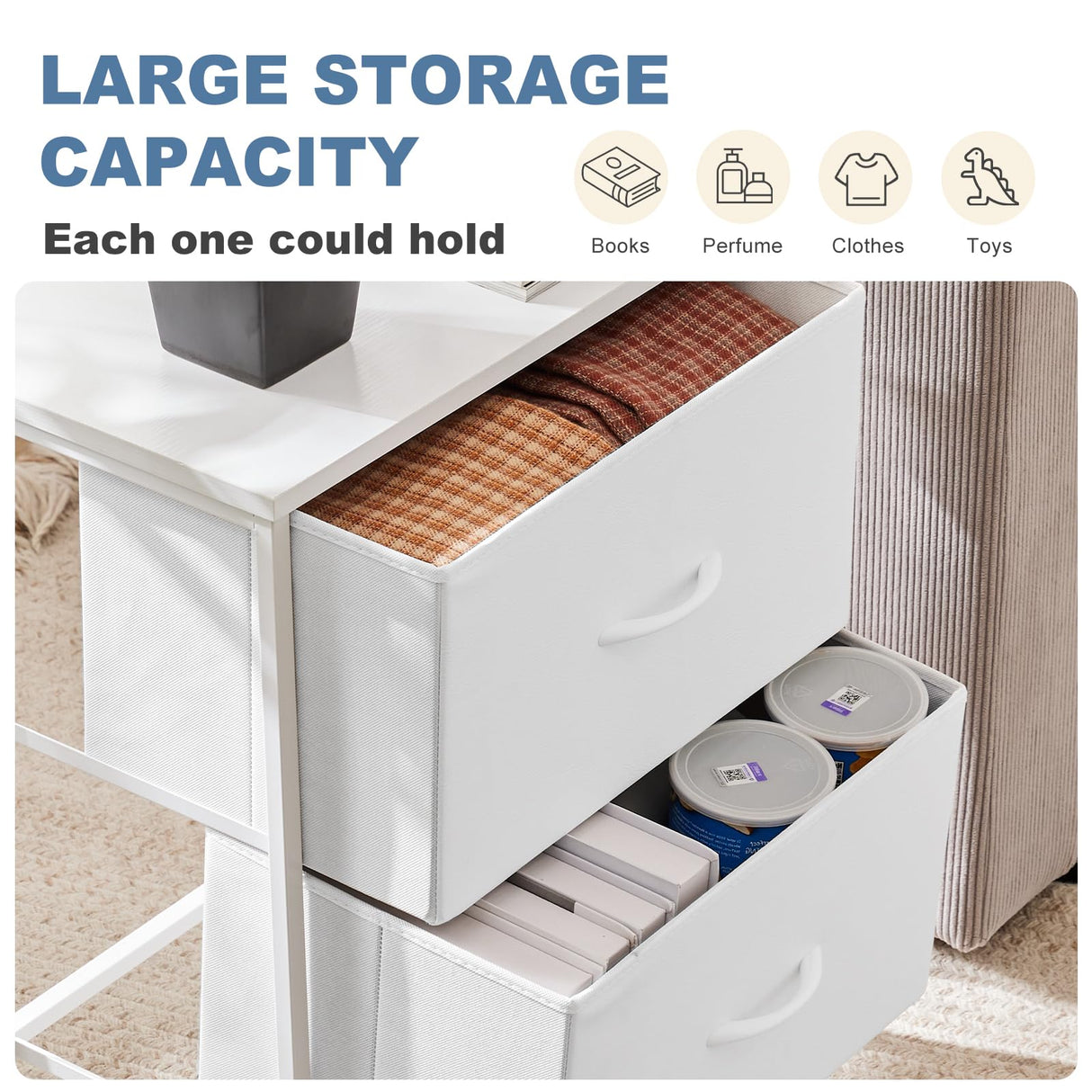 DUMOS Nightstand Small Dresser with 2 Fabric Drawers Side Tables Bedroom End Table Kids Bedside Storage Furniture for 20 inch Tall Night Stand for Closet, Entryway, College Dorm, White(2 Pack) DUMOS