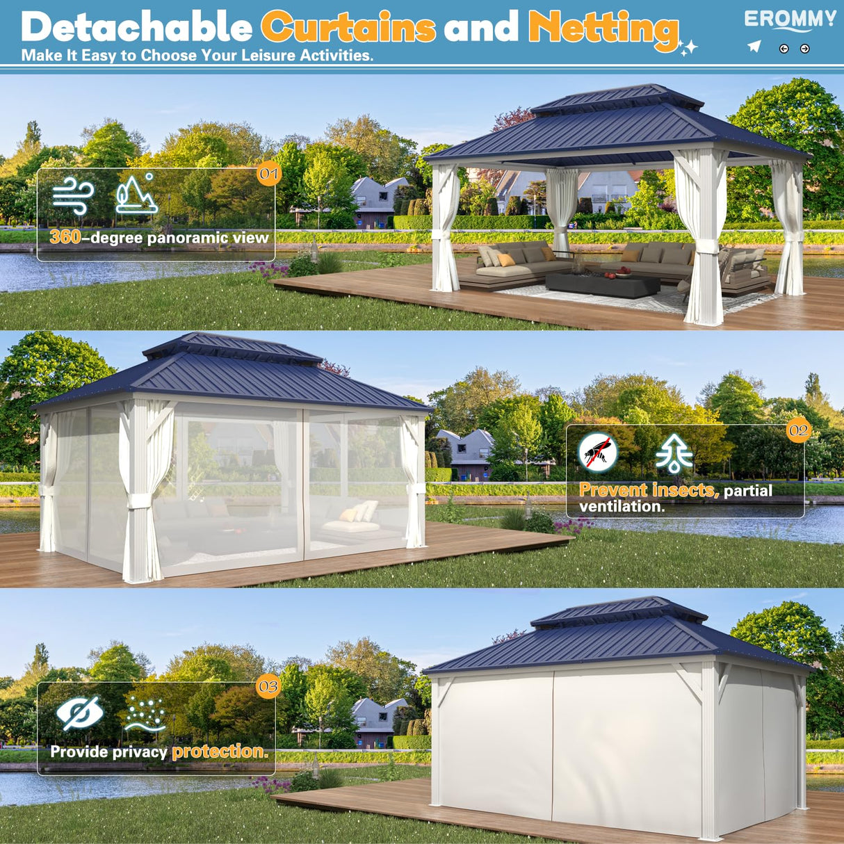 EROMMY 12'x16' Gazebo Hardtop, Galvanized Steel Double Roof Metal Gazebo with Aluminum Frame, Permanent Outdoor Pavilion with Curtain and Netting for Patio Lawn and Garden, Blue EROMMY