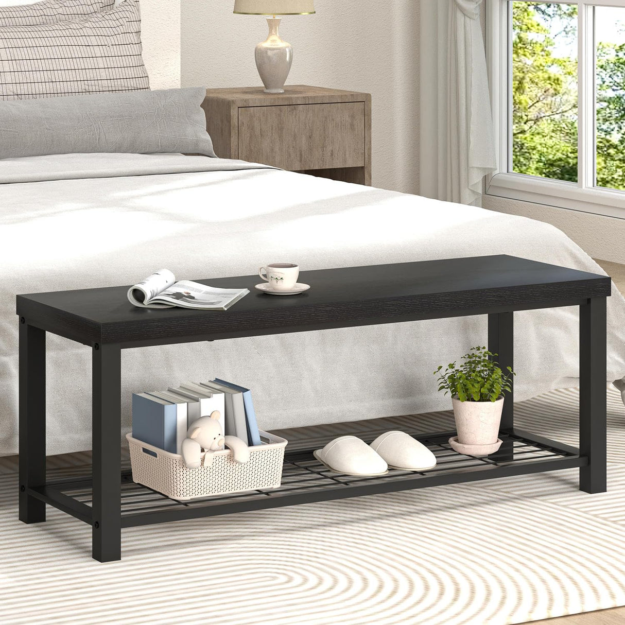 EXCEFUR Entryway Bench, Modern Wood and Metal Storage Bench for Hallway Front Door Entrance, Industrial Indoor Shoe Rack Bench Seat for Bedroom Living Room, 43.3 Inch Black EXCEFUR