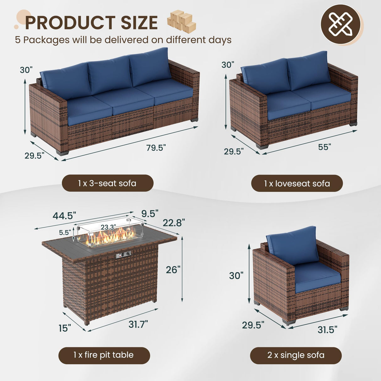 VONZOY Patio Furniture Set with Fire Pit Table, 5 Pieces Outdoor Furniture Sets, Wicker Patio Conversation Sets w/Waterproof Covers for Backyard, Porch, Balcony, Poolside(Navy Blue) VONZOY