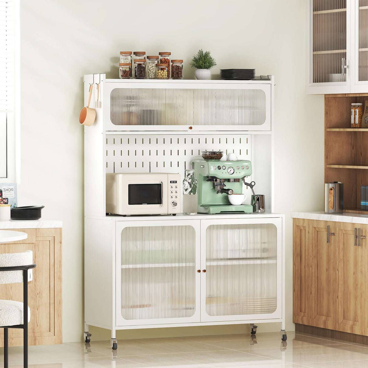 VIYET Kitchen Bakers Rack with Flip Door Cabinet, Metal Microwave Stand with Storage Cabinet and Metal Pegboard Panels for Kitchen, Pantry, Home(White) VIYET