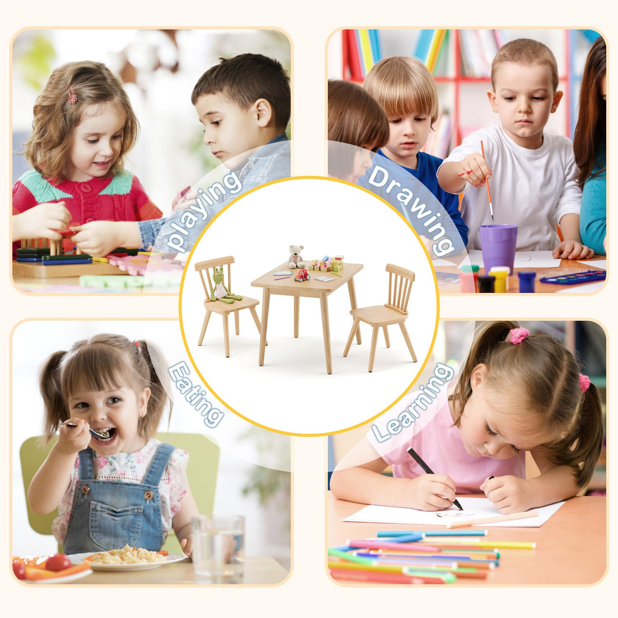 Curipeer Windsor Kids Table and 2 Chair Set, Rubberwood Toddler Table and Chair Set for Art, Play, Craft, Activity, Children Table with Non-Slip Legs/Round Edge Design, Natural Wood Curipeer