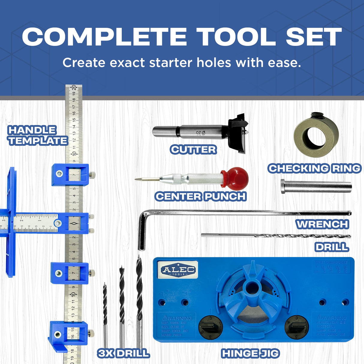 Alec Tools Cabinet Installation Tools Complete Set - Adjustable Cabinet Hardware Jig Kit for Handles, Knobs, Drawer Pulls - Cabinet Handle Jig, Concealed Hinge Jig, Automatic Center Punch, Drill Bits Alec Tools