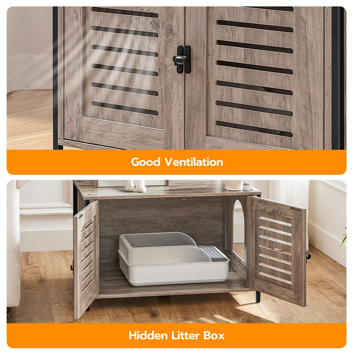 HOOBRO Cat Tree with Litter Box Enclosure & Scratching Posts for Indoor Cats, All-in-One Wooden Cat House Furniture, Cat Condo with Hammock, Detachable Teaser Sticks, Greige BG14MZ03 HOOBRO