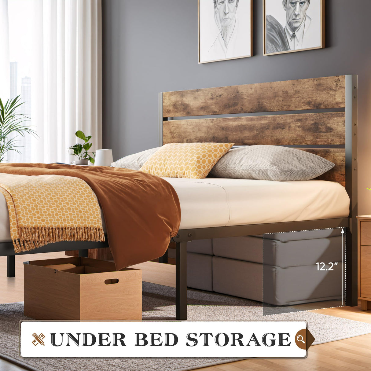 Lifezone Vintage Brown Queen Metal Bed Frame with Headboard, Footboard, and Under-Bed Storage Lifezone