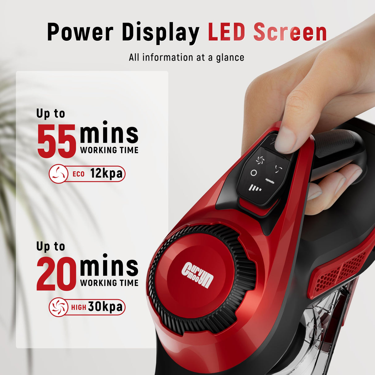 Cordless Vacuum Cleaner, 30Kpa Home Stick Vacuum, Smart Display & 1.5L Dust Cup, 55mins Max Runtime, Rechargeable Lightweight Handheld Vavuum for Pet Hair/Carpet/Hardwood Floor/Car Curvymoontech