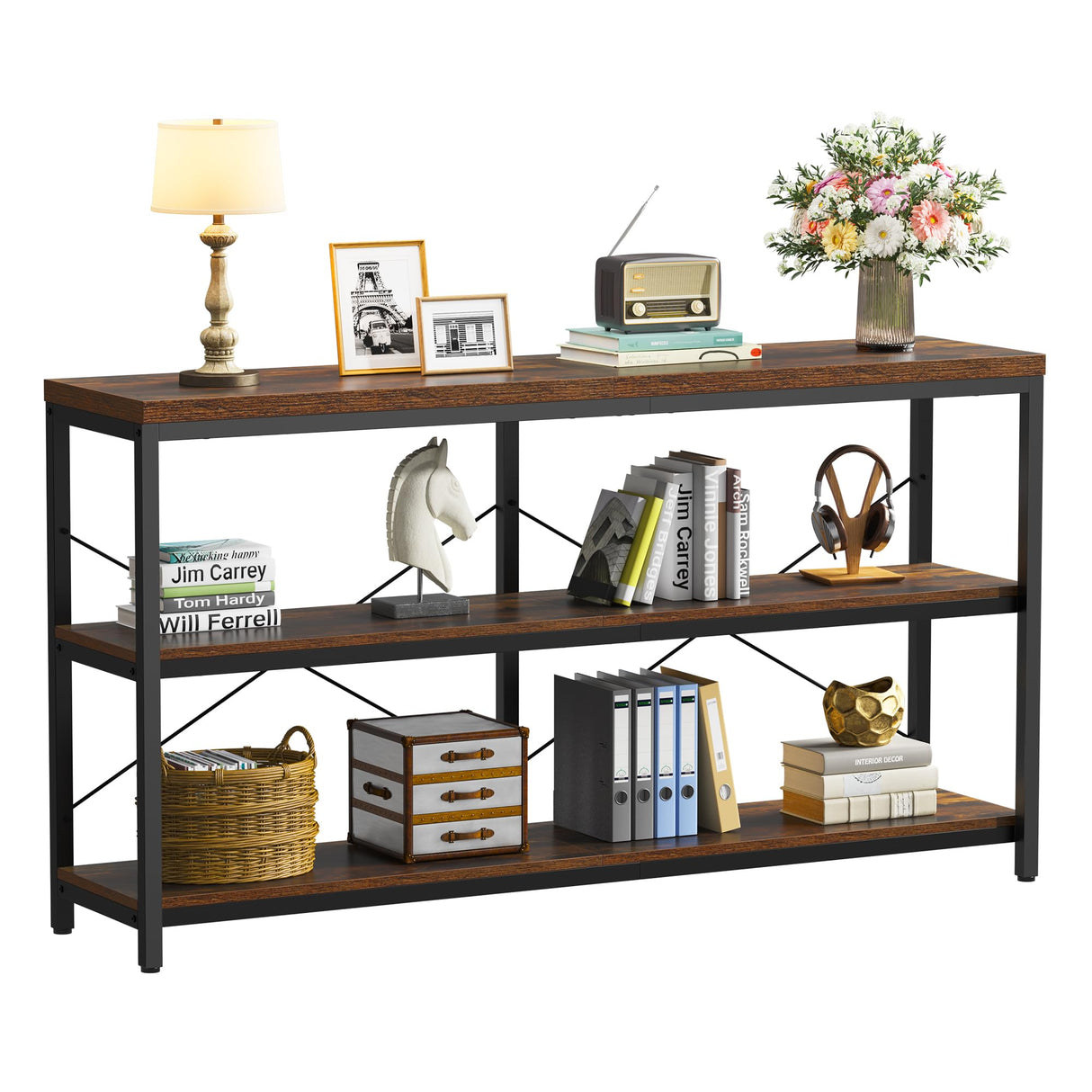 Semoic 3-Tier Industrial Bookshelf, Wide Wood Horizontal Bookcase, Open Large Book Shelf with Metal Frame, Display Rack Shelving Unit, Storage Organizer for Living Room, Bedroom & Study, Brown Semoic