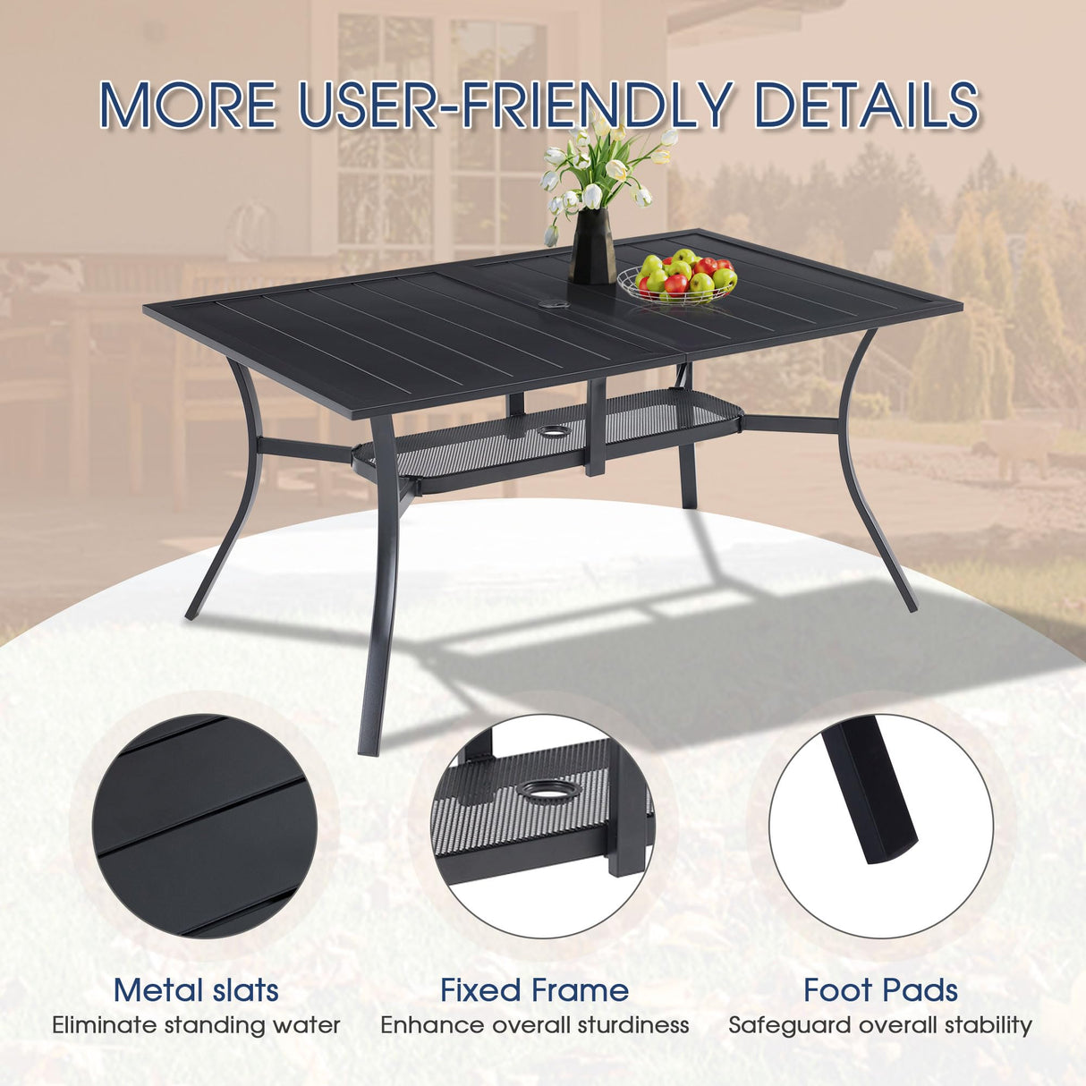 VICLLAX 7 Pieces Patio Dining Set, Patio Furniture Set of 6 Patio Stackable Dining Chairs and Outdoor Rectangular Metal Table with Storage Shelf for Backyard, Grey Chairs and Black Table VICLLAX
