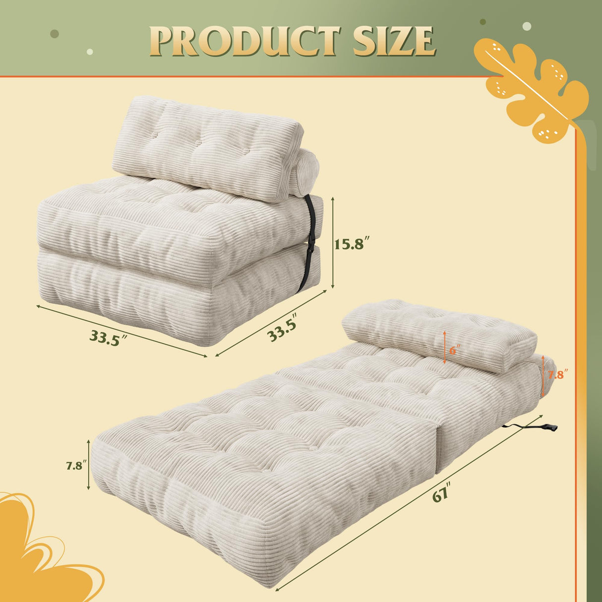 WLIVE Futon Sofa Bed,with Pillow, Floor Couch Bed for Living Room Dorm Bedroom, Single, Adult Teen Child, Beige WLIVE