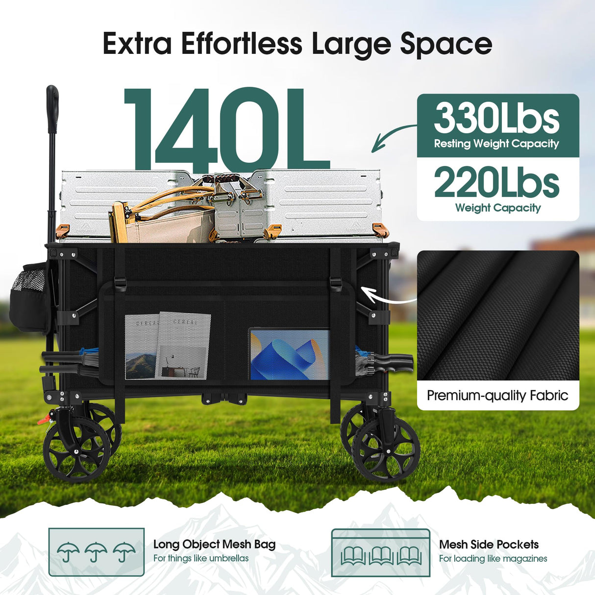 140L Collapsible Folding Wagon Cart with 330lbs Resting Weight Capacity, Heavy Duty Garden Cart with All-Terrain&Brake Wheel, Foldable Utility Wagon with Side Pocket for Groceries Camping,Black Generic