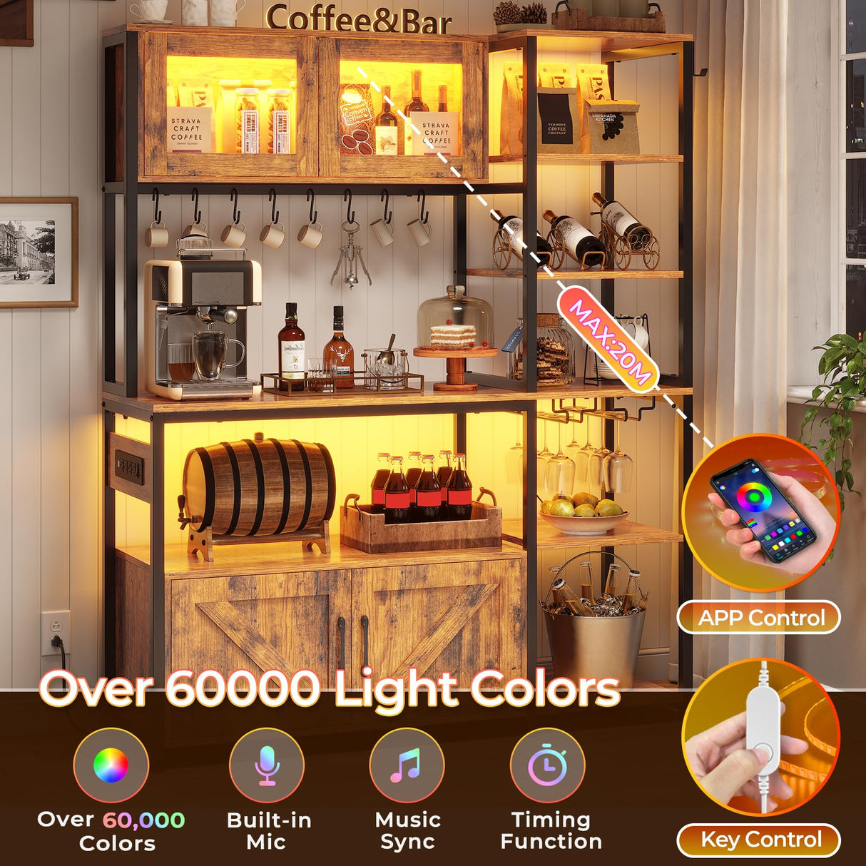 Itaar Rustic Brown Bakers Rack with Power Outlet, LED Light and Ample Storage Itaar