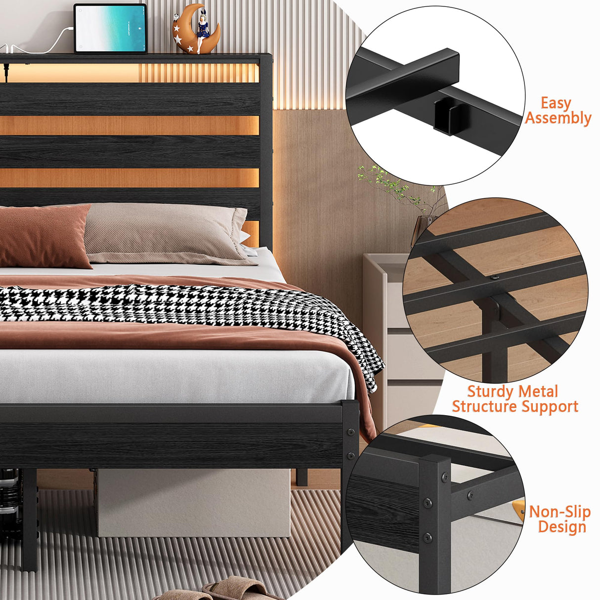 CLIBFENG 14 Inch Classic Metal Platform Bed Frame-Full Size Bed Frame with Headboard,Steel Slats Support-LED Bed Frame with USB Charging Station,Under Bed Storage,No Box Spring Needed,Noise Free CLIBFENG