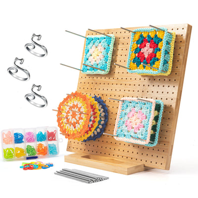 12" Bamboo Crochet Blocking Board, Rust-Proof Knitting & Wooden Crochet Mats with 20 Pins, Non-Slip Grid for Granny Squares, Yarn Tools Gifts for Crafters