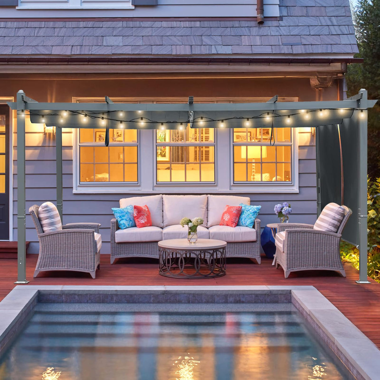 Aoodor 12 x 16 ft Outdoor Pergola with Retractable Shade Canopy, Matte Dark Gray Aluminum Frame, 2 Roller Shade Curtains, Grape Trellis Pergola for Patio, Backyard, Deck, Grey Aoodor