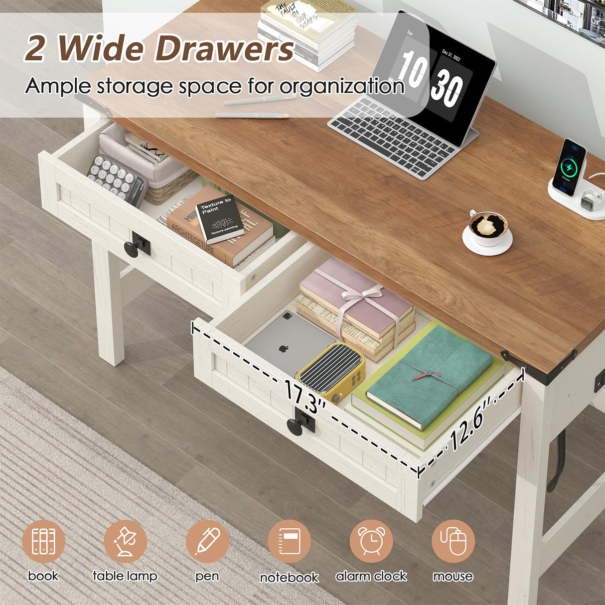 YOMILUVE Farmhouse Computer Desk with 2 Drawers, 39 Inch Small Office Computer Desk with Power Outlets, Compact Writing Study Desk for Small Spaces, Antique White YOMILUVE
