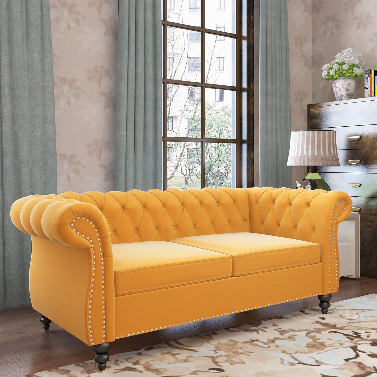 Chesterfield Loveseat, Modern Velvet Sofa Tufted Couch 2 Seater with Scroll Arms and Nailhead for Living Room, Bedroom, Office, Apartment (Mango) ORRD