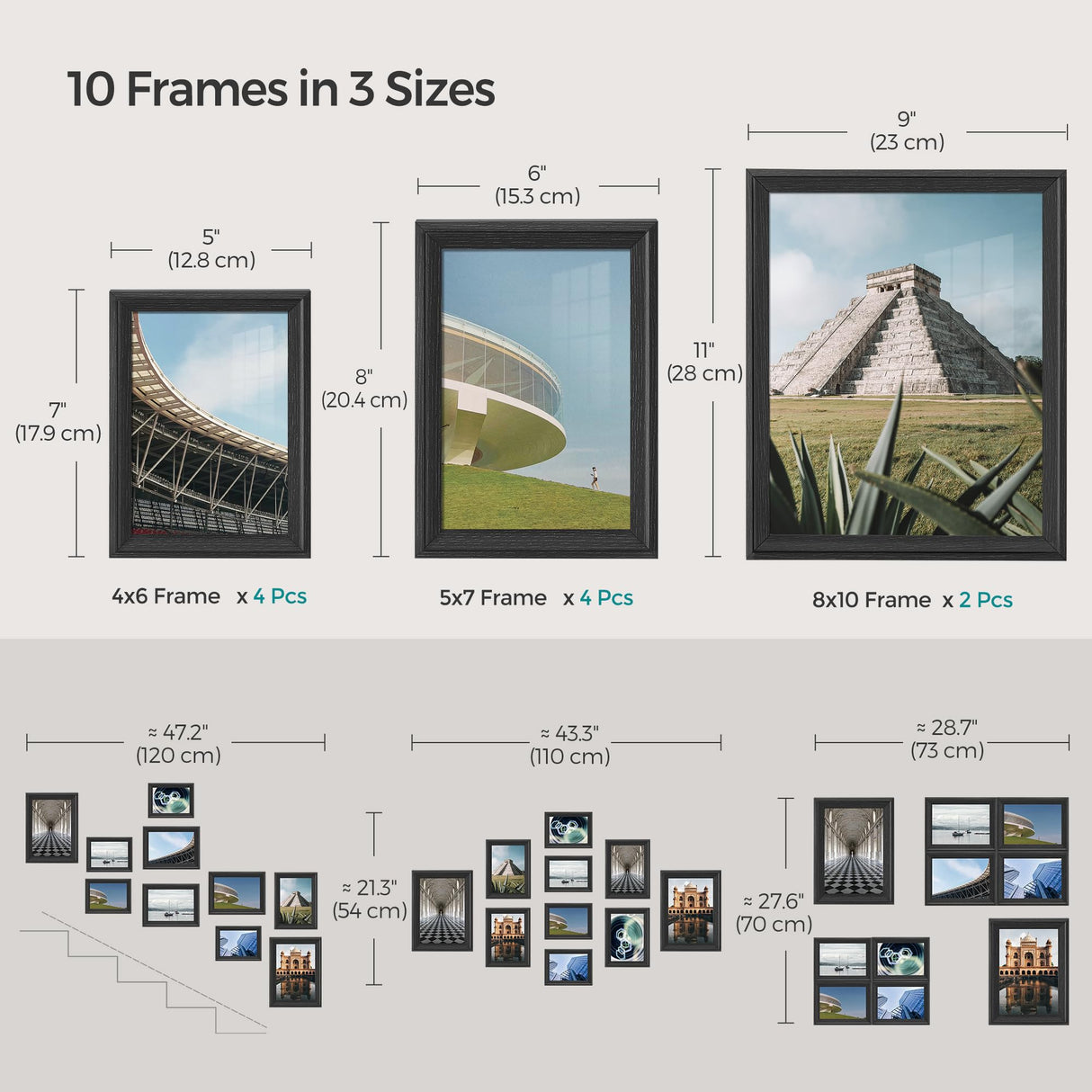 SONGMICS Picture Frames with 16 Mats, Set of 10, Collage Photo Frames with Two 8x10, Four 5x7, Four 4x6 Frames, Hanging or Tabletop Display, MDF and Glass, 12 Non-Trace Nails, Ash Black URPF049B01 SONGMICS