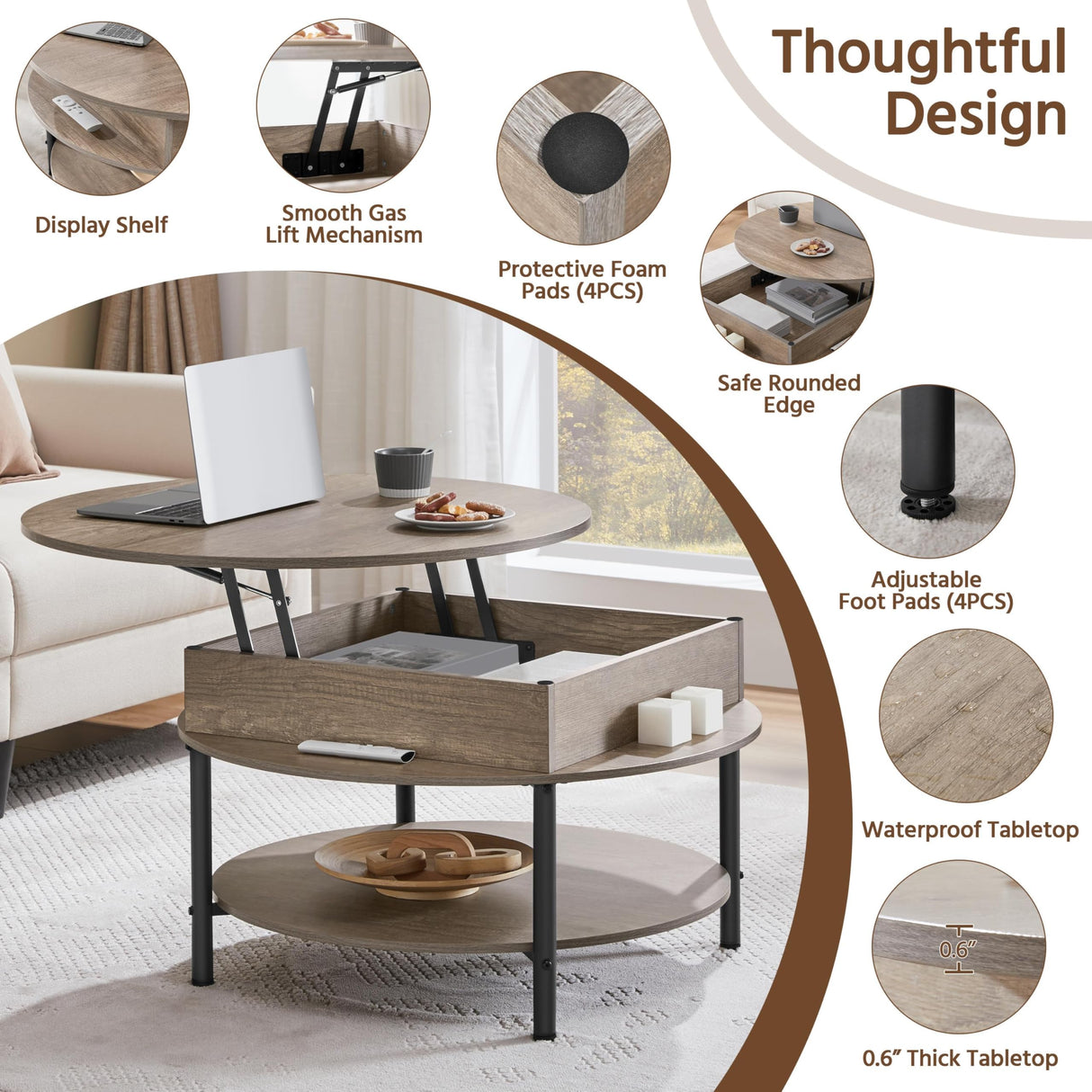 Yaheetech Round Lift Top Coffee Table with Hidden Compartment & Storage Shelf, 31'' Farmhouse Coffee Table Center Tables, 2-Tier Small Round Dining Table for Living Room Reception Room, Gray Yaheetech