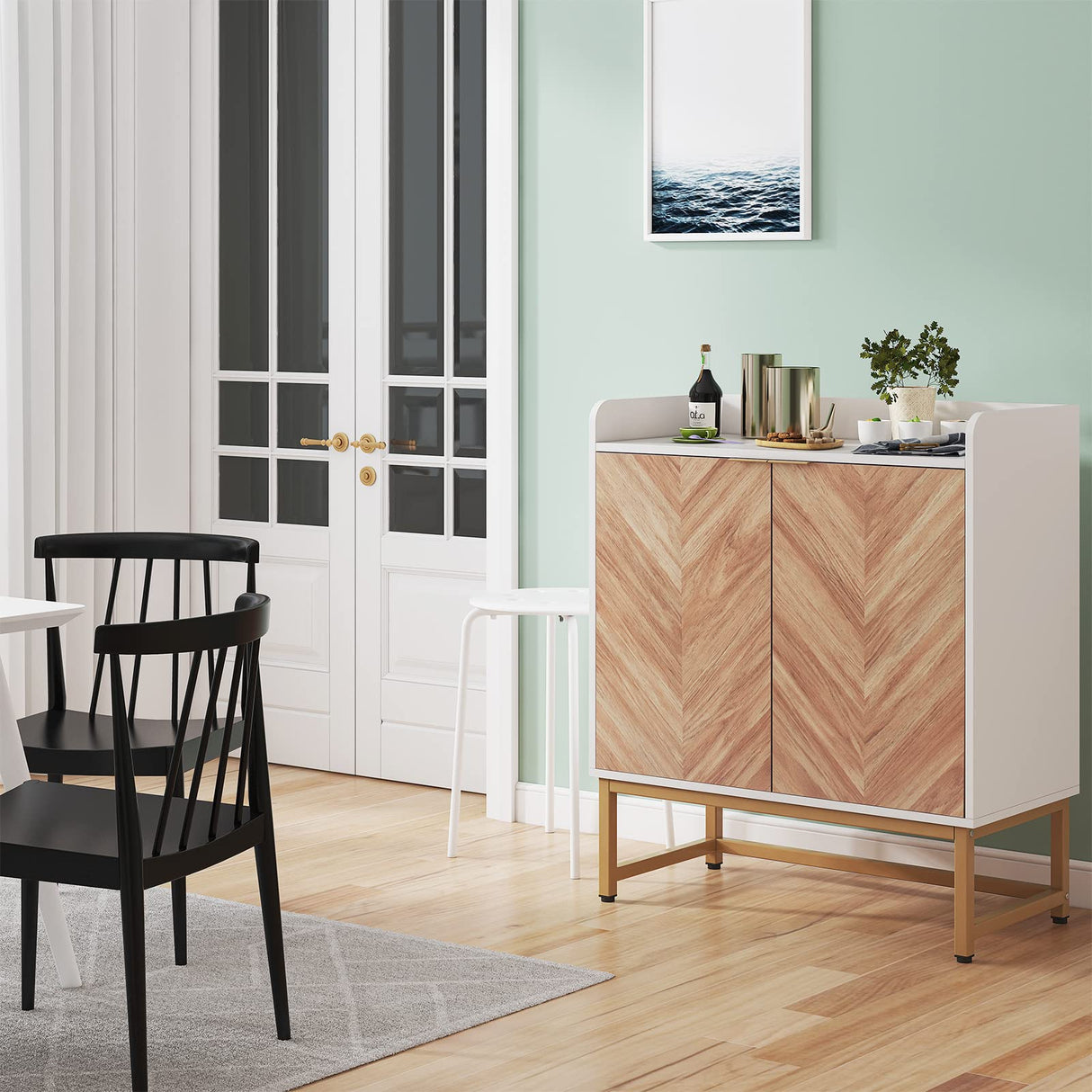 Saudism 29 Gallon Fish Tank Stand, Small Aquarium Stand 20 Gallon with Doors & Adjustable Shelves, Boho Sideboard Coffee Bar Cart, Kitchen Cupboard Console Table, 30.5" LĂ15.7" WĂ35" H, White/Gold Saudism