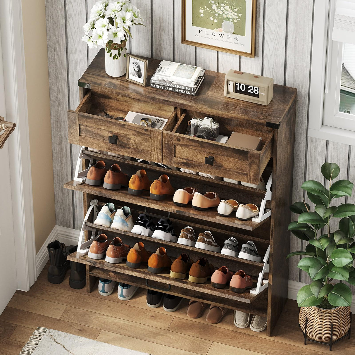 Halitaa Shoe Cabinet with 2 Flip Drawers & 2 Drawers,Farmhouse Shoe Storage Cabinet for Entryway,Slim Freestanding Narrow Organizer Rack for Front Door Entrance,Rustic Brown Halitaa
