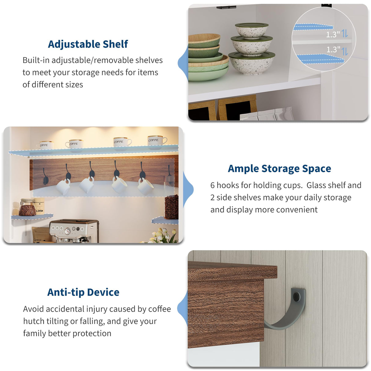 Coffee Bar Cabinet with LED Light, 72" Tall Farmhouse Coffee Bar Hutch with Storage, Sideboard Buffet Cabinet with Microwave Stand/Glass Shelf/6 Hooks/3 Drawers for Kitchen Living Dining Room, White GarveeHome