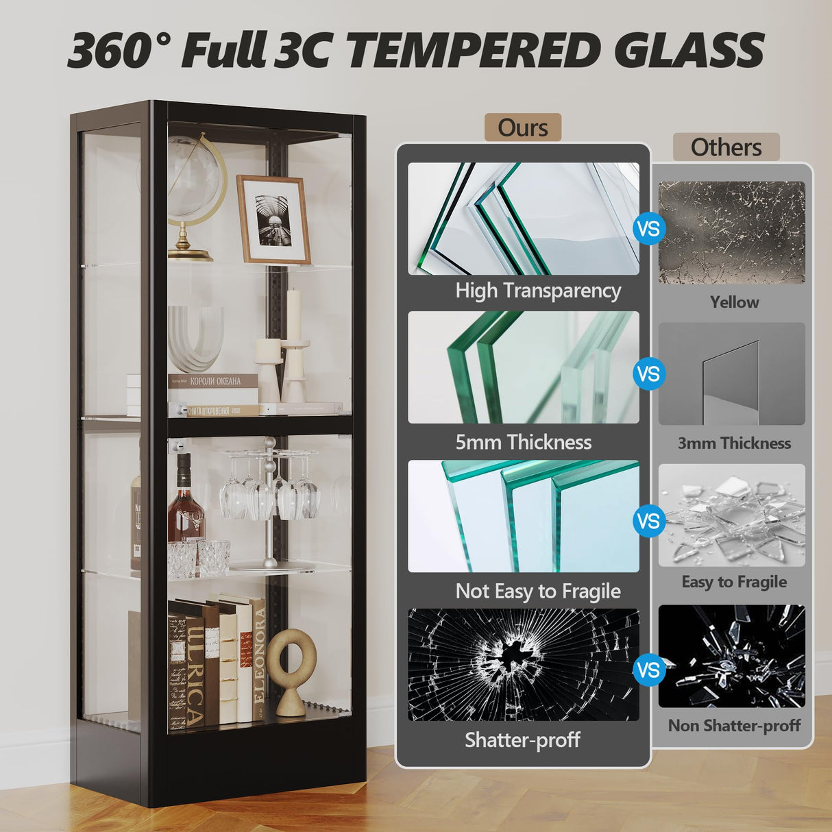 Lucky Monet Glass Display Cabinet with 13 Color LED Lights and Lock, 4-Tier Lighted Curio Cabinet with Doors & Adjustable Shelves, Glass Display Case for Collectibles Liquor - 23.6" Wide Black Lucky Monet