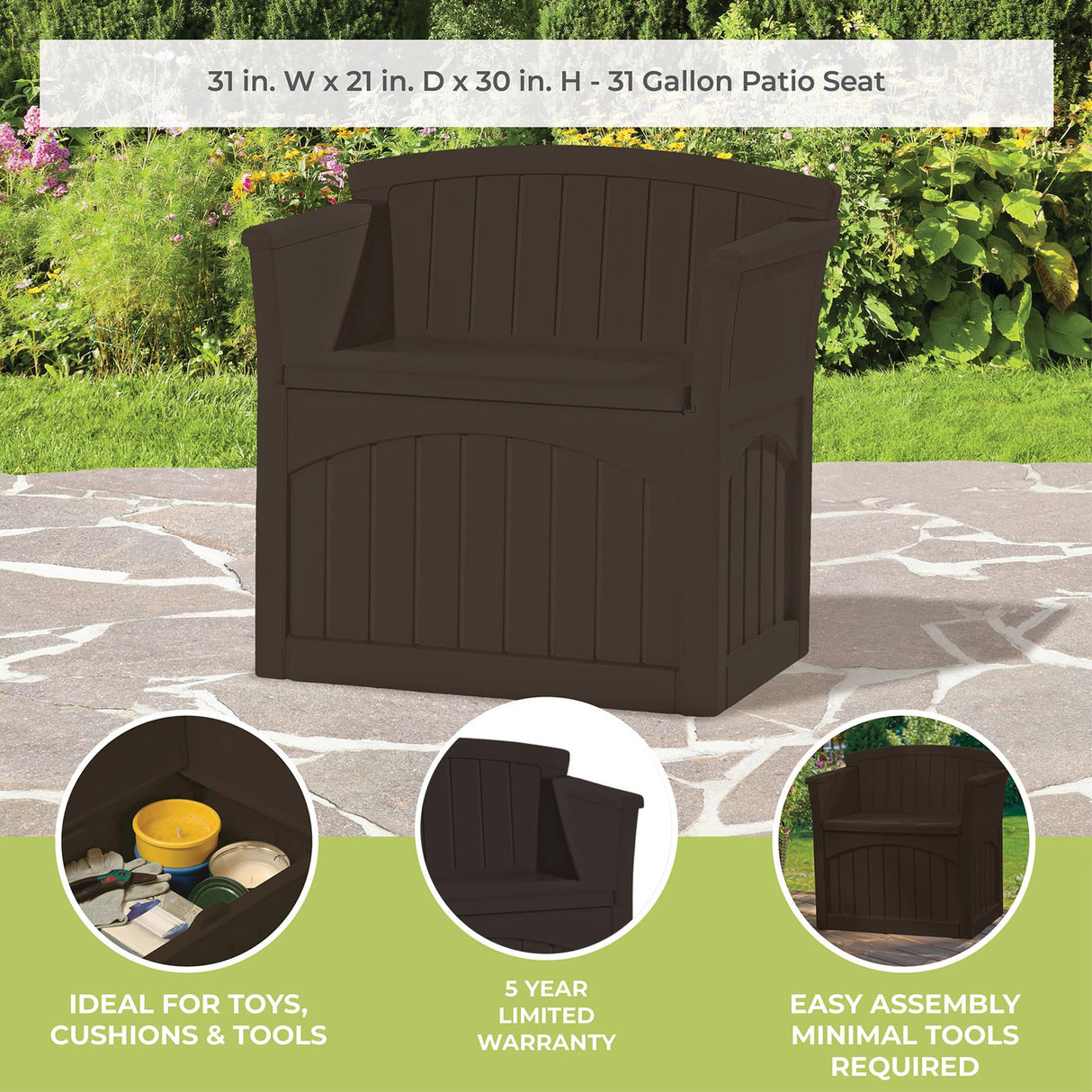 Suncast 31 Gallon Outdoor Backyard Garden Patio Seat Storage and Bench Chair with Arm Rest, Java Suncast