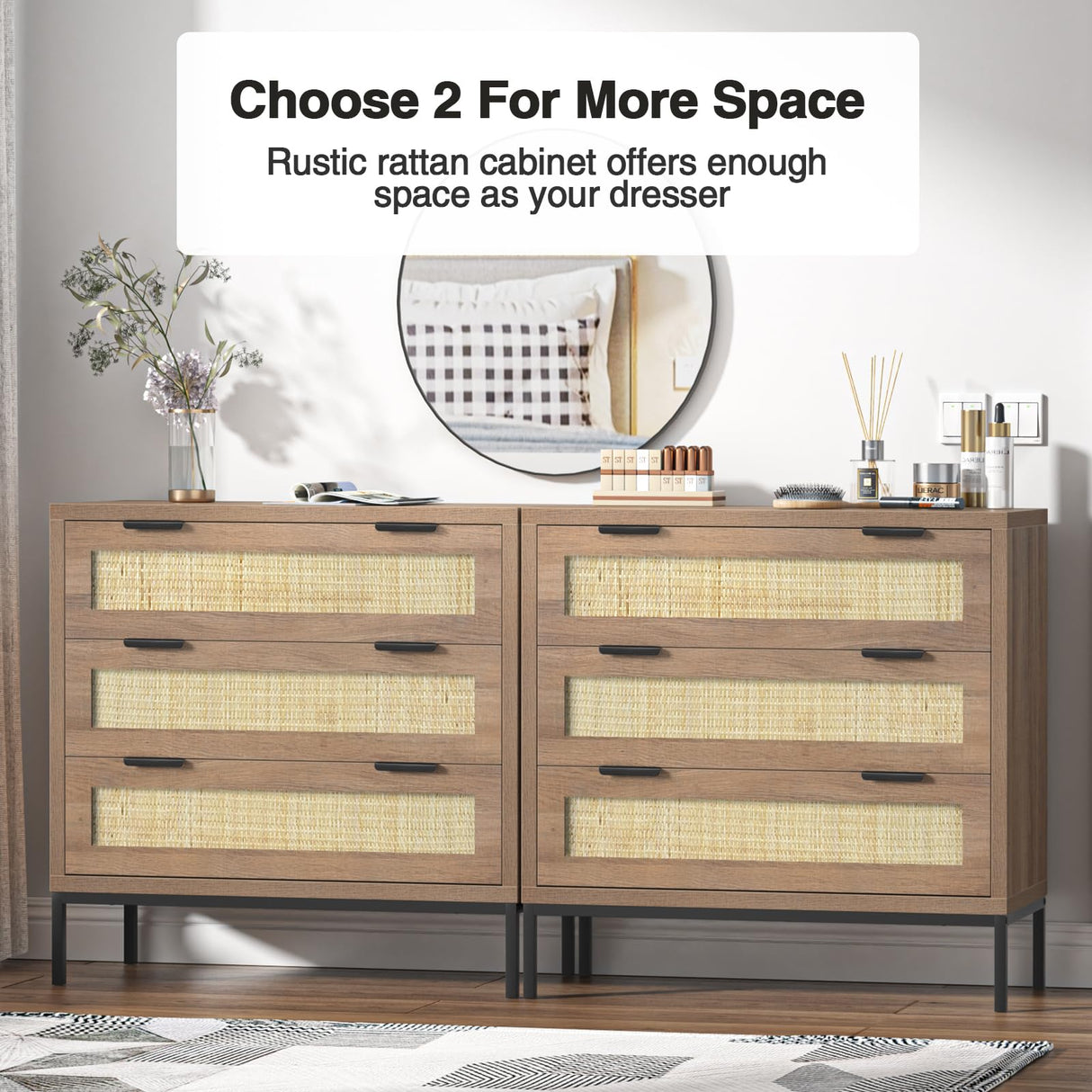 Anmytek 3 Drawer Dresser with Natural Rattan, Large Nightstand Dresser for Bedroom, Farmhouse Wood Closet Dressers Chest of Drawer with Storage Versatile Bedside Table, Rustic Oak,H0105 Anmytek