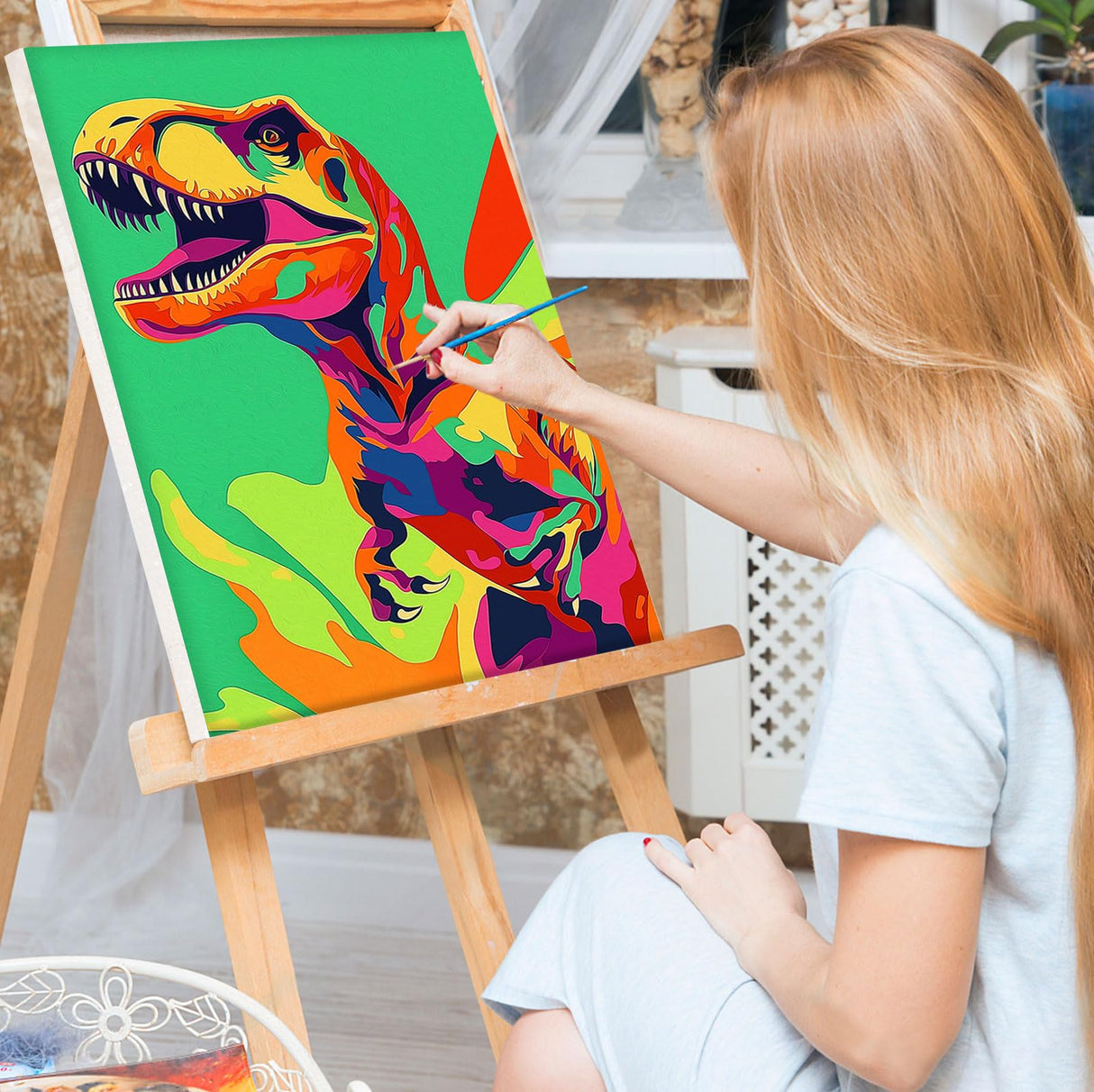 Bowetile Framed Cartoon Paint by Numbers for Kids Beginners, Dinosaur Paint by Numbers for Kids Ages 8-12, Kids Paint by Number Kits on Canvas, DIY Acrylic Number Painting for Home Decor, 8x12in Bowetile