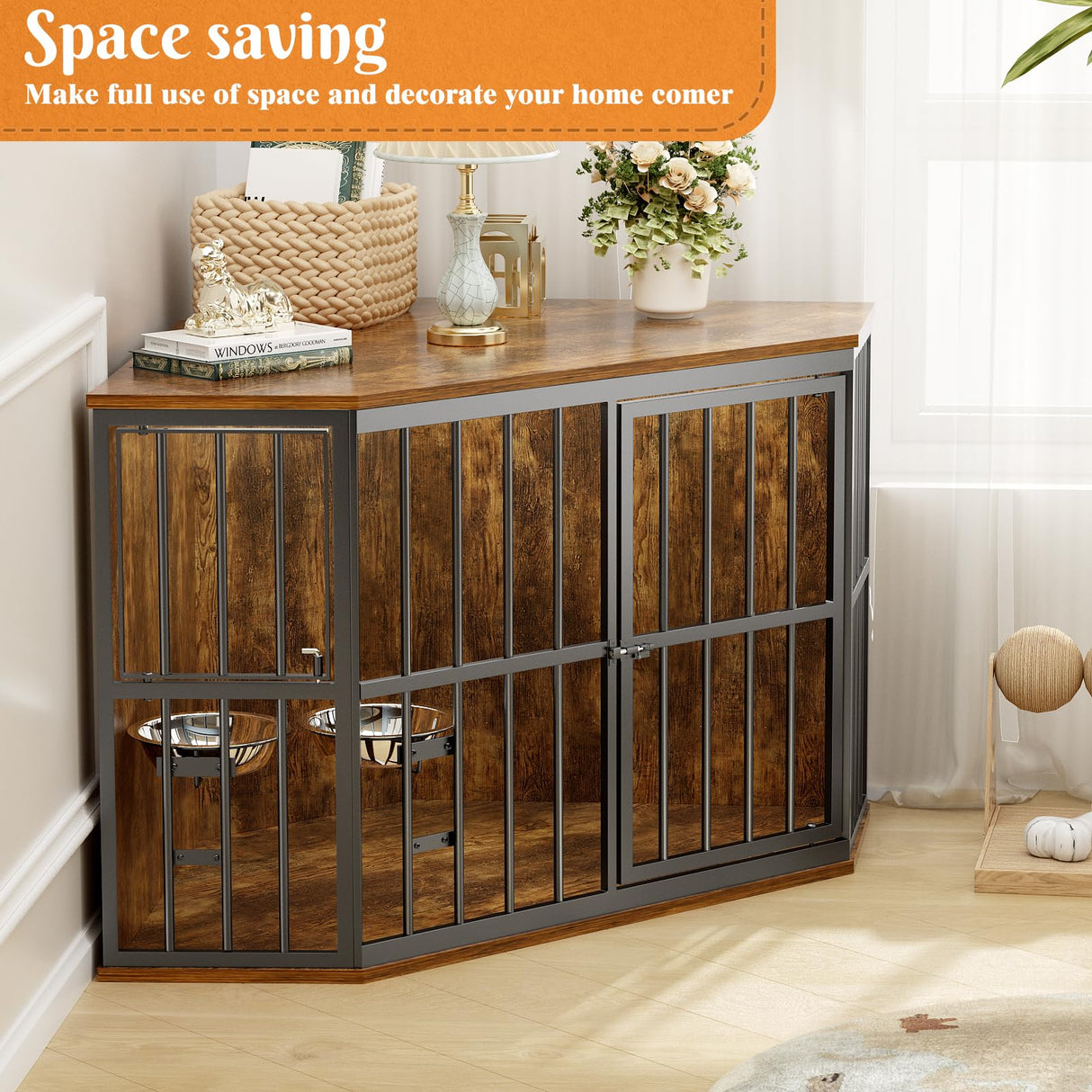 APRILSOUL 53 inch Furniture Dog Crate Corner, Dog Kennel Corner Wooden End Table with Bowl, Indoor Pet Crates Corner Side Table for Dogs, Wide Top Perfect for Limited Room APRILSOUL