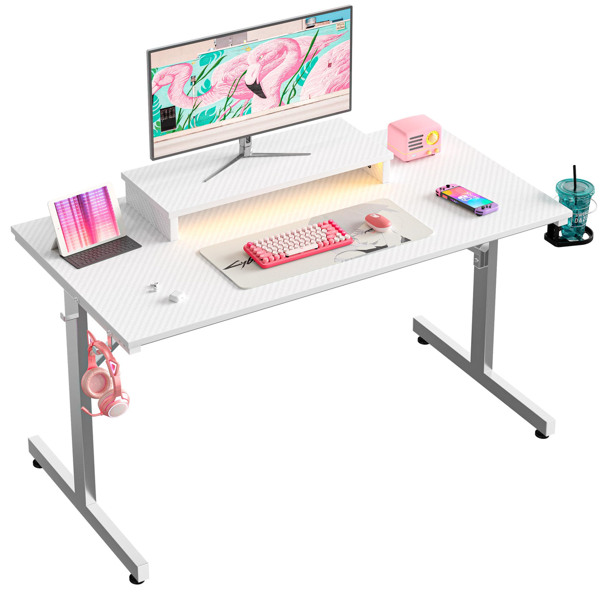Bestier Small Gaming Desk with Monitor Stand, 42 inch LED Computer Desk, Gamer Workstation with Cup Holder & Headset Hooks, Modern Simple Style Desk for Home Office, Carbon Fiber White Bestier