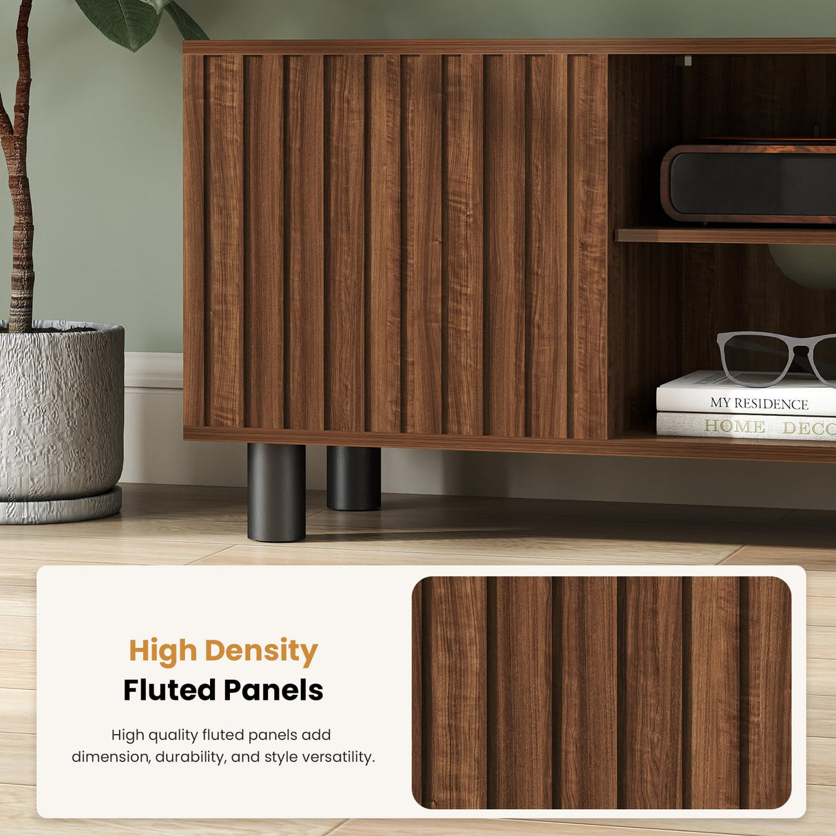 Lamtor TV-Stand with Mount and Power Outlet, Fluted TV Stand for 65 70 75 Inch TV, Entertainment Center with Storage, Media Console Table for Living Room, Walnut Lamtor