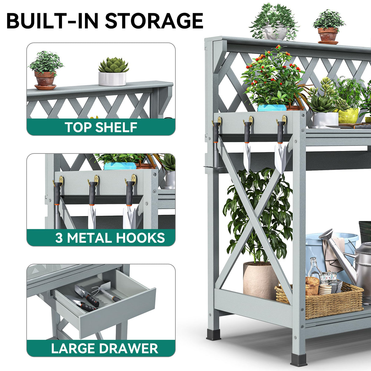 YITAHOME Potting Bench Table, Outdoor Garden Work Bench Station Table w/Drawer, Open Shelf, Hook, PVC Waterproof Mat (Grey) YITAHOME