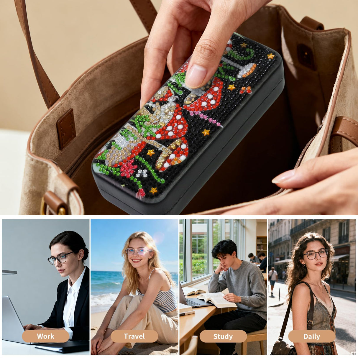 FlyingMage 5D Diamond Art Painting Kit for Adults Beginner, Small DIY Diamond Dots Gem Art Painting Mosaic Kits, Cute Hard Shell Sunglasses Eyeglasses Glasses Case for Women Teen, Mushroom FlyingMage