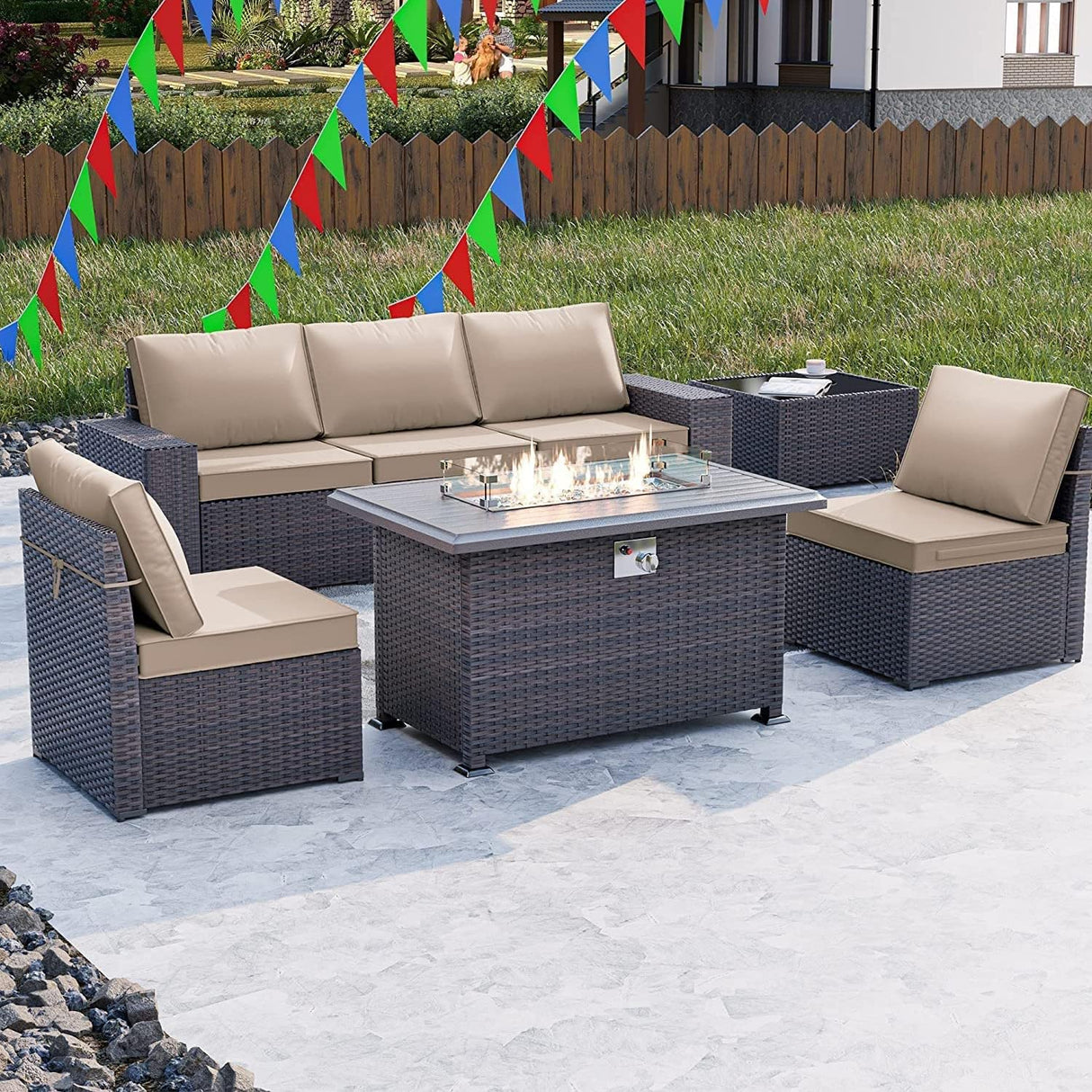 Kullavik 7 Pieces Outdoor Patio Furniture Set with 43" 55000BTU Gas Propane Fire Pit Table PE Wicker Rattan Sectional Sofa Patio Conversation Sets,Khaki Kullavik