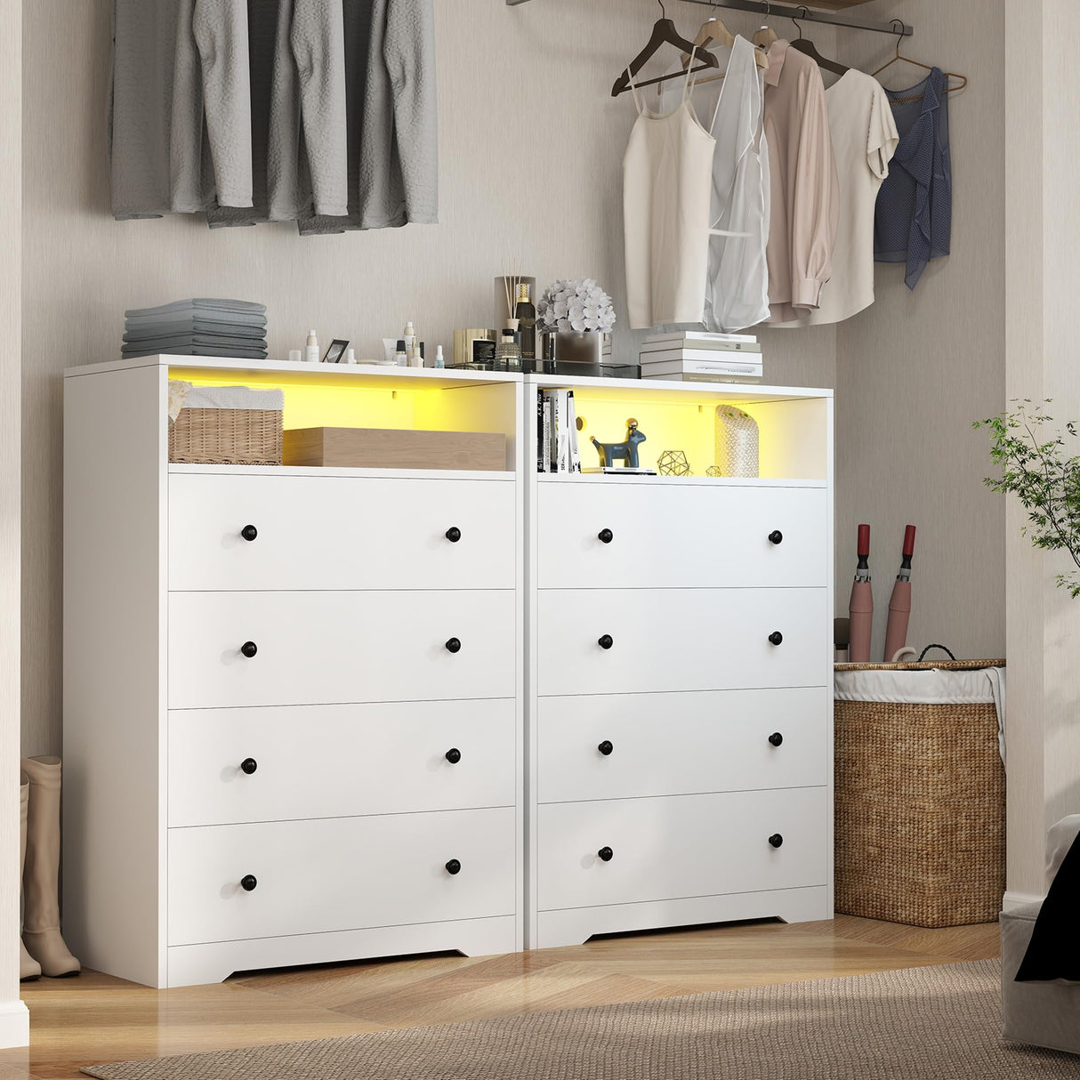 Homkdom White Dresser with LED Light, Tall Dresser with 4 Drawers & 1 Shelves, Chest of Drawers for Bedroom, Hallway, Entryway, 43.4" H x 27.6" W x15.8 D Homkdom