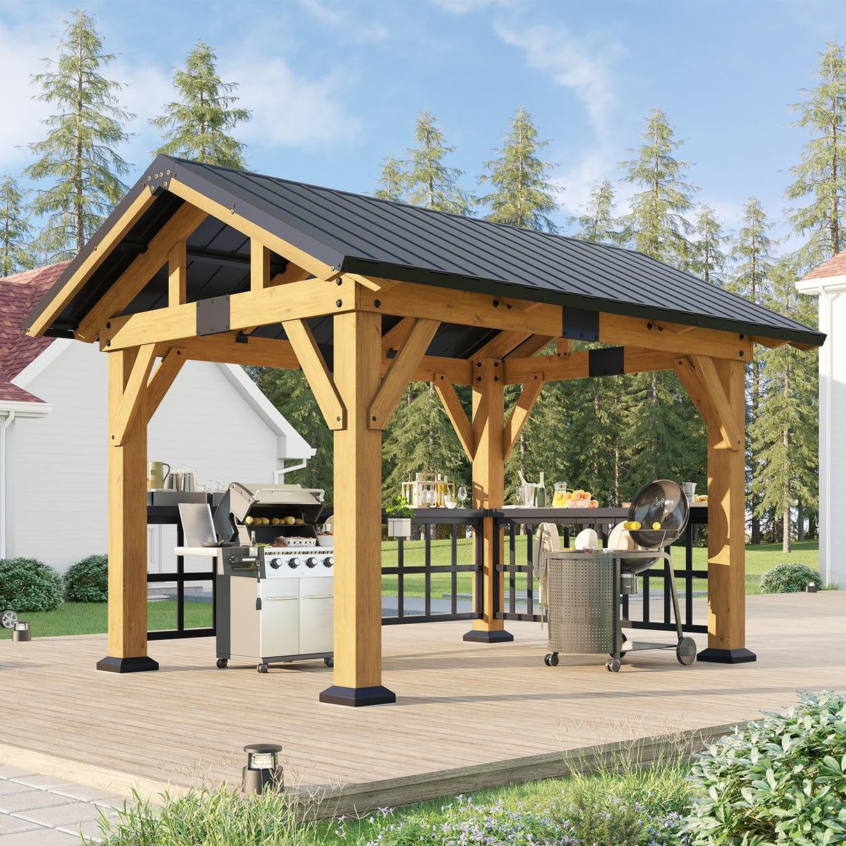 AMERLIFE Solid Wood Gazebo, Hardtop Gazebo with Metal Steel Gable Roof with Guest House for Garden, Porch, Patio, Black + Natural Wood (9 x10FT) AMERLIFE