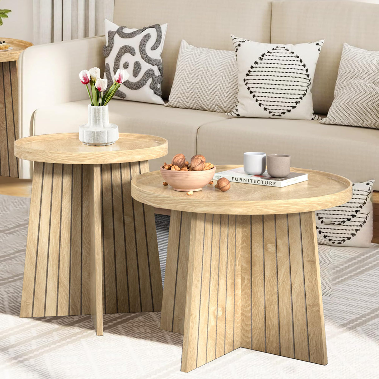 Round Nesting Coffee Table,Set of 2 Round Coffee Tables Living Room,Wood Fluted Coffee Table Set,Modern Small Coffee Table,Coffee Table Sofa Side Table for Living Room Bedroom Home Office (Oak) Mxtxmy
