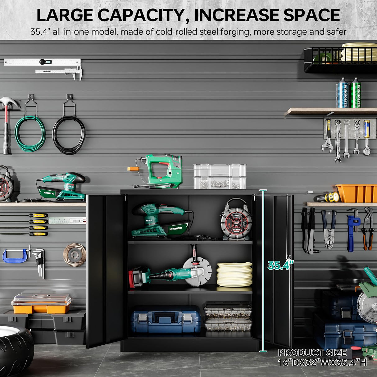 Metal Storage Cabinet with Doors and Shelves,Small Garage Storage Cabinet with Lock,Black Metal Cabinet with Locking Doors,Steel Cabinet,Lockable Storage Cabinet for Home,Office,Short Garage Cabinets SISESOL