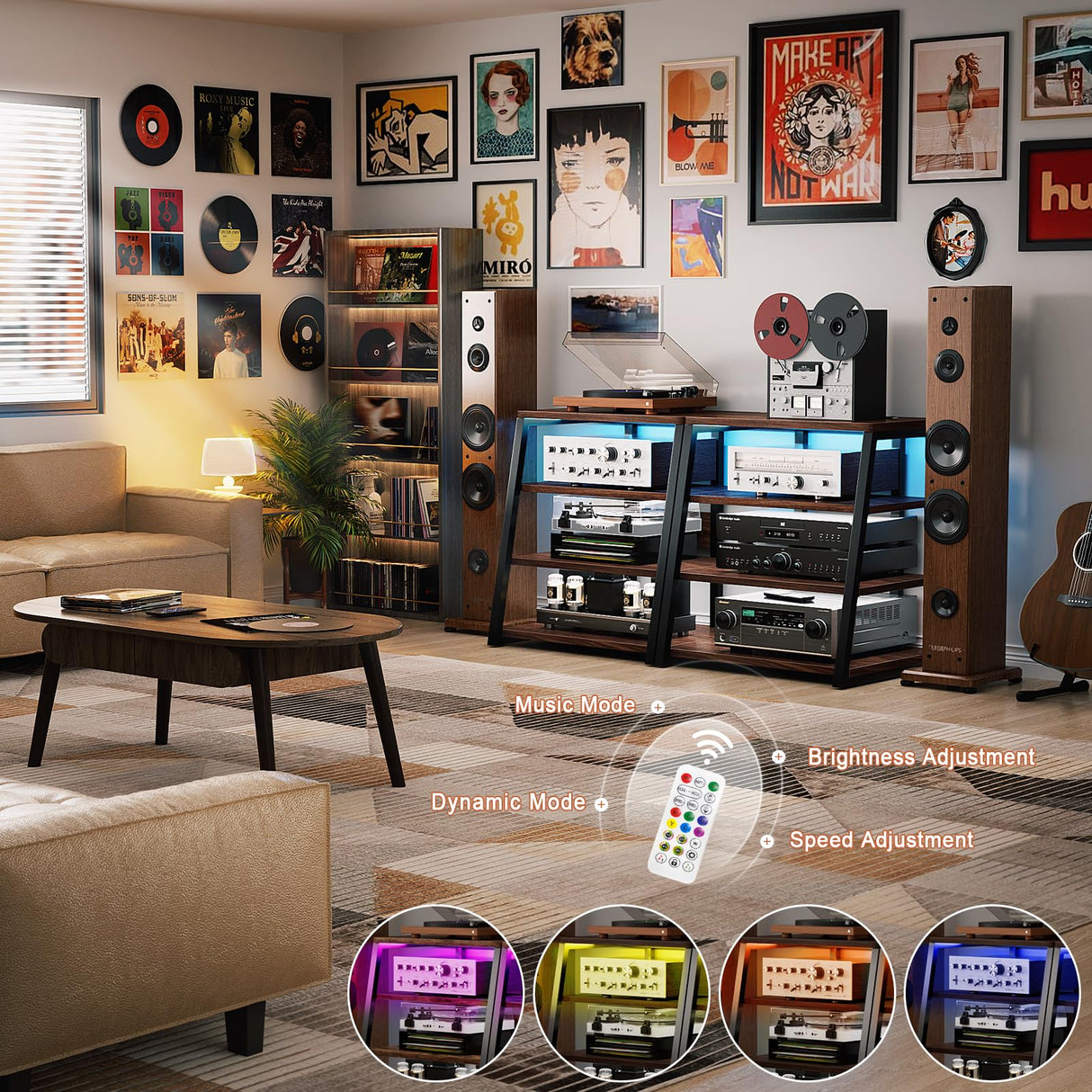 armocity 4-Tier AV Media Stand with Power Strips, Corner TV Stand with LED Lights, Rack Audio Tower with Adjustable Shelves, Corner Entertainment Center, 30'', Black Walnut armocity