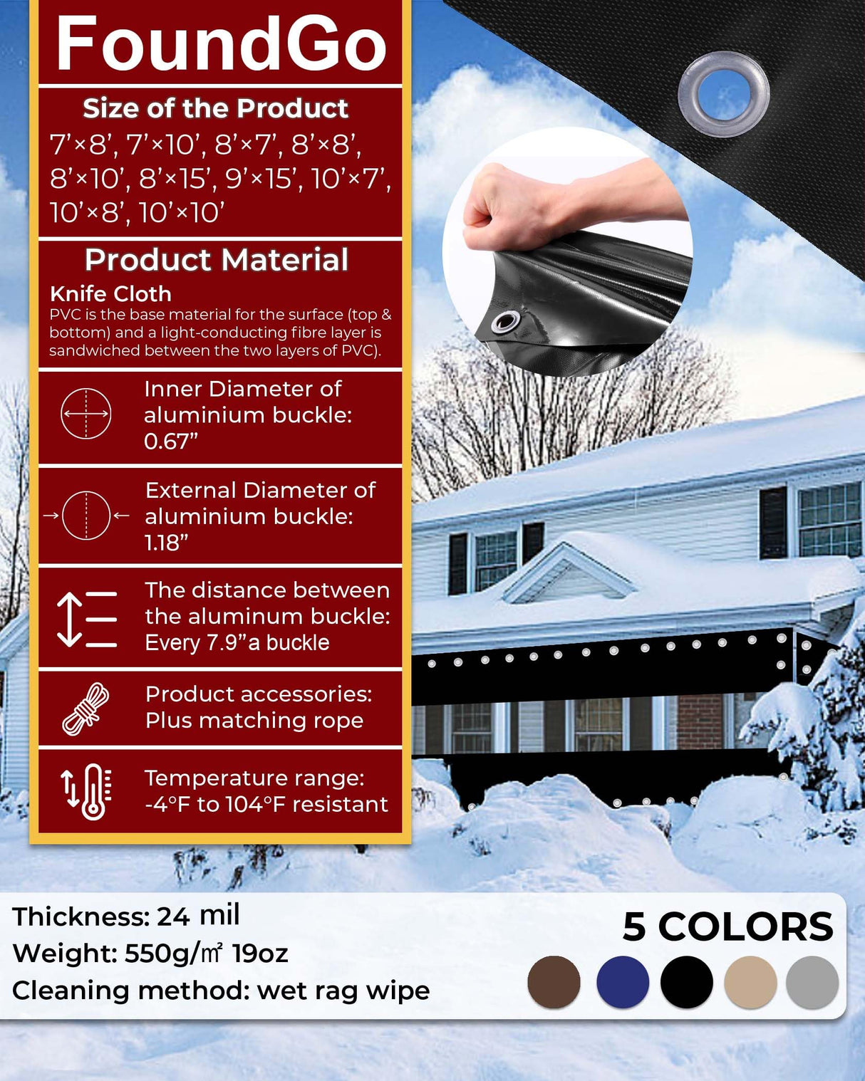 FoundGo 8'H x 7'W Vinyl Curtains for Patio 19oz, Outdoor Clear Vinyl Patio Enclosure,Heavy Duty Clear Tarp Waterproof Vinyl Tarps with Grommets for Pergola, Balcony,Porch,Gazebos,-4℉ Cold Resistant FoundGo